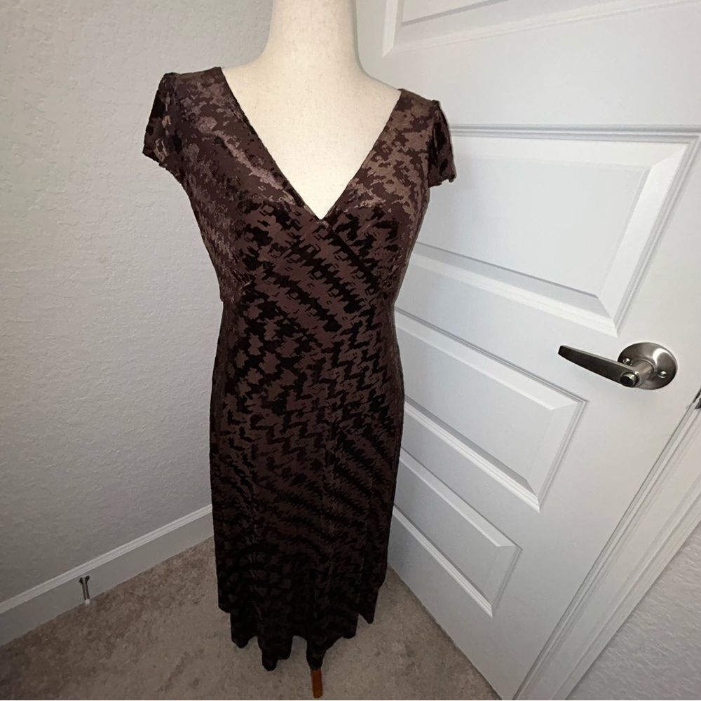 Calvin Klein Ruffle Cap Sleeve Burn Out Herringbone Monochromatic Print Dress